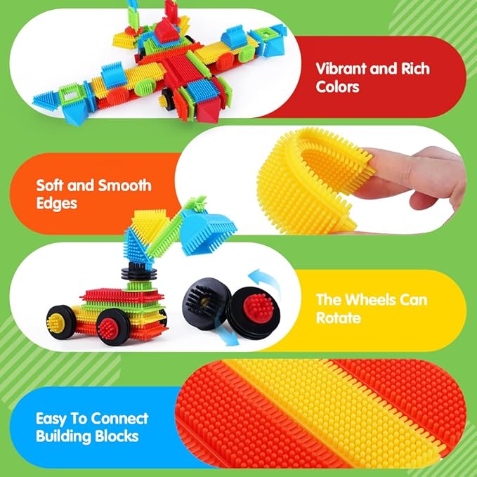teytoy 200Pcs Building Blocks Toys Bristle Shape Building Blocks Set STEM Interlocking Construction Learning Toys for Kids Ages 3+