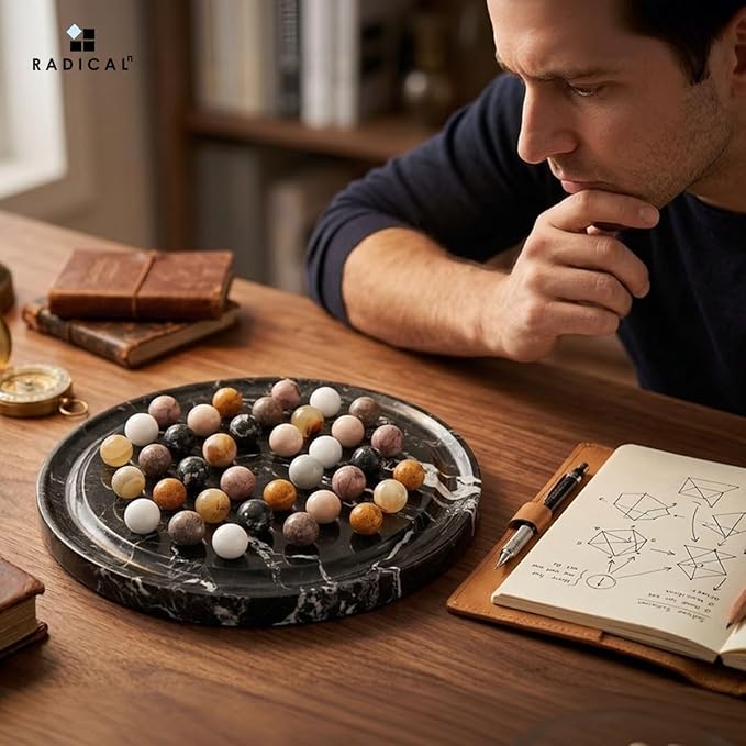 Marble Solitaire Game 10 Inch Black Handmade Peg Solitaire Board Game with Marbles Classic Marble Puzzle Game for Adults Modern Tabletop Brain Teaser