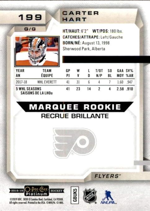 2018-19 O-Pee-Chee Platinum #199 Carter Hart RC Rookie Philadelphia Flyers NHL Hockey Trading Card