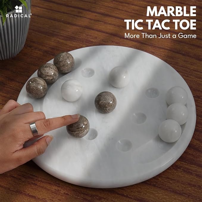 Radicaln Marble Tic Tac Toe Board Game 10 Inches White &amp Oceanic Handmade Strategy Board Games for Coffee Table Decor Adult Board Games for Game Night