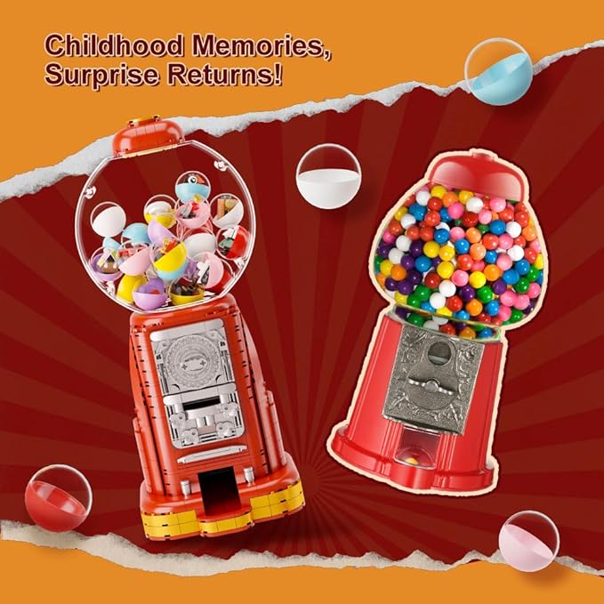 PANTASY Retro Gumball Machine Building Block Set with 12 Micro Building Blocks and 12 Lucky Notes for Multiple Gameplay Desktop Collectible-Quality Classic Gumball Machine Assembly Blocks Kit