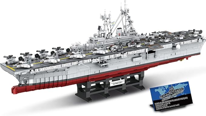 MISINI M7024 Wasp-Class Amphibious Assault Ship Building Kit1/300 Scale 5220 PCS US Navy Warship Model with Display Stand Large Ship Building Blocks Set for Adults &amp Teens