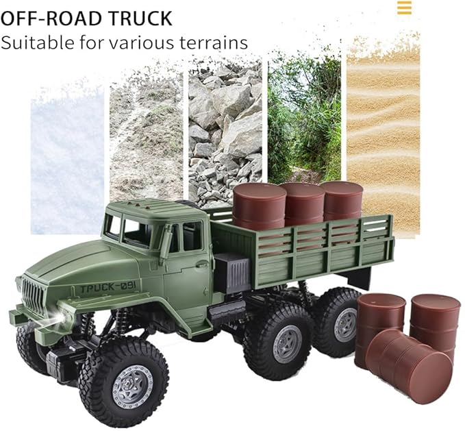 GoolRC RC Military Truck 1:16 Scale 6WD Remote Control Car 2.4GHz Off-Road RC Truck with LED Light and 2 Batteries All Terrain Army Transport Vehicle for Adults