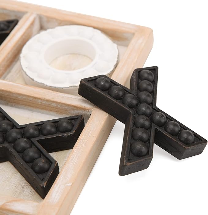 NIKKY HOME Tic Tac Toe Game Coffee Table Decor 10.6 Inch Rustic Wooden Board Black &amp White