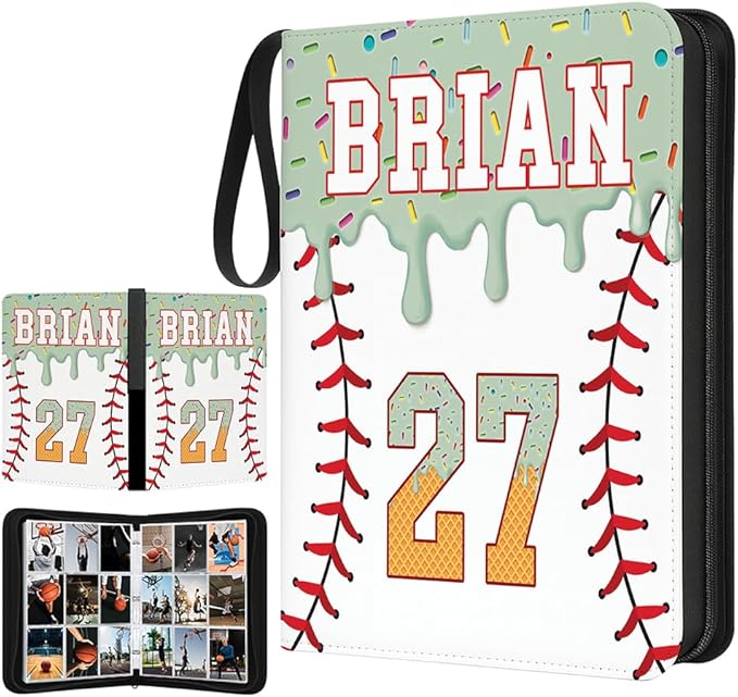Personalized Ice Cream Drip Baseball Card Binder with Name &amp Number – Zipper Trading Card Album with Handle – Collector Case for Players &amp Fans (Ice Cream Drip Art #4)