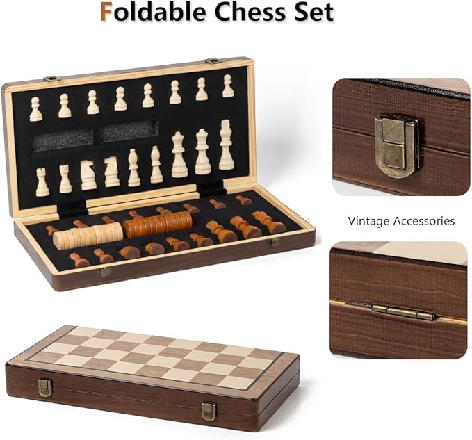 Chess Set 15'' Chess Board Wooden Magnetic Folding Chess Board Set for Adults &amp Kids Checkers Game for Kids Portable Travel Chess Game for Beginner 2 Extra Queens (Walnut Color)