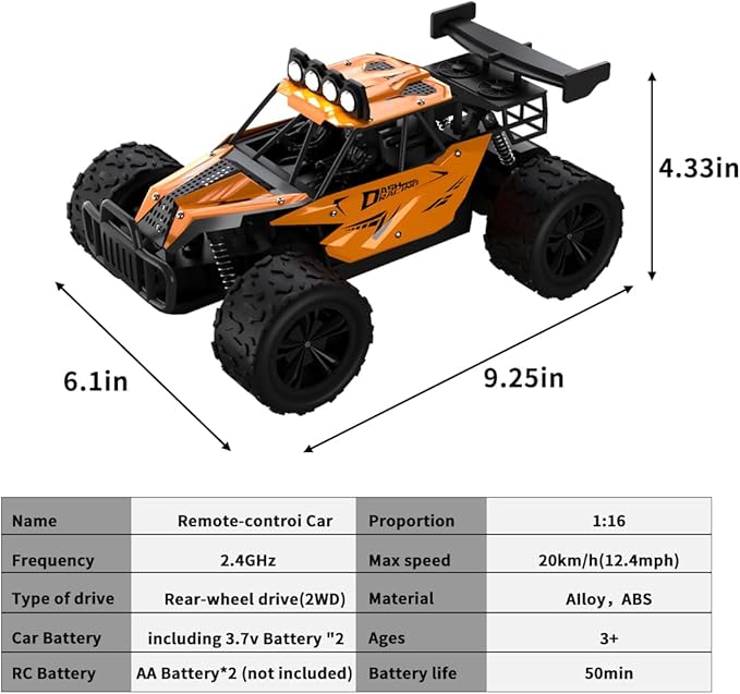 Remote Control Car Monster Truck Toys 1:16 Scale RC Car For Boys 2.4GHz High Speed 20 km/h With LED HeadlightsRechargeable RC Cars Gifts for Boys 4-7 8-12 Christmas Beginner Kids 6-12+ (Black)