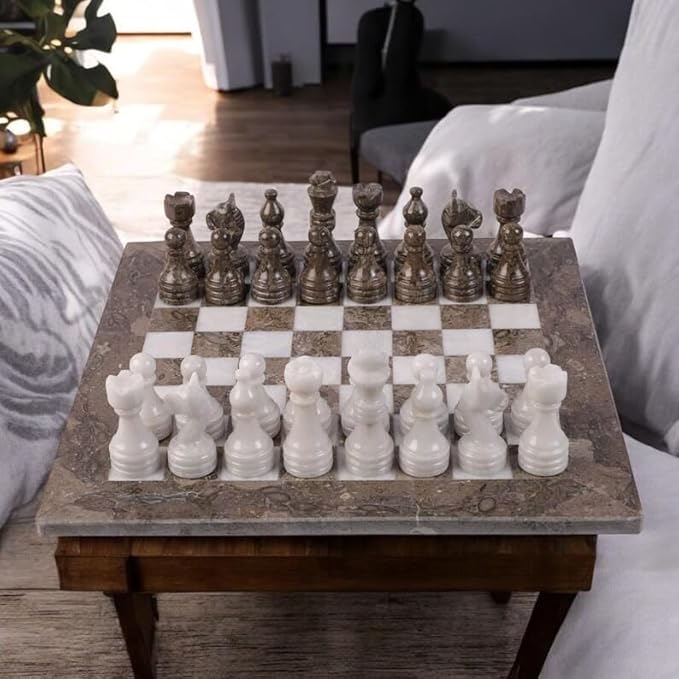Large Handmade Full Chess Set Marble Chess Board 32 Chess Game Pieces Unique Home décor. Handcrafted Tournament Chess Board - 2 Players. (Grey White)