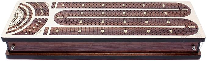 House of Cribbage - Continuous Cribbage Board/Box Inlaid in Maple/Rosewood : 4 Track - Side Drawers with Score Marking Fields for Skunks Corners and Won Games