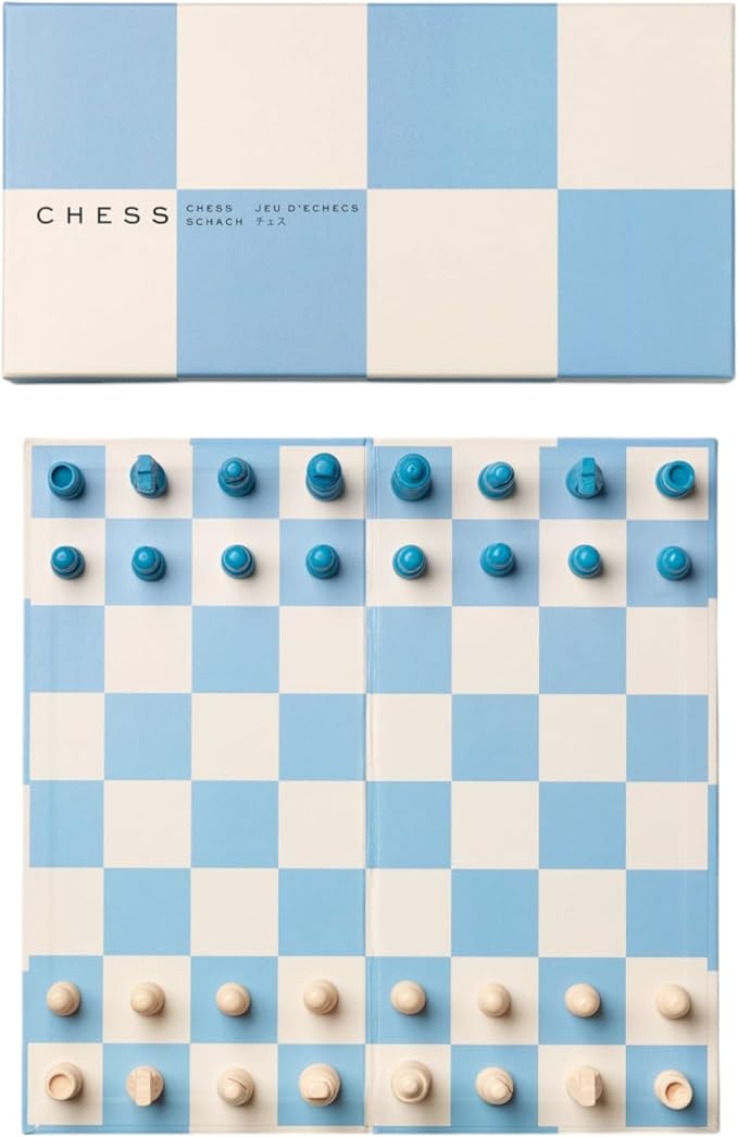 Printworks Play Chess – Blue Wooden Chess Set with Foldable Cardboard Board – Fun Coffee Table Game for Adults – Multilingual Instructions Included