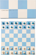 Printworks Play Chess – Blue Wooden Chess Set with Foldable Cardboard Board – Fun Coffee Table Game for Adults – Multilingual Instructions Included