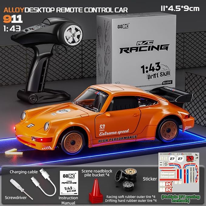 911 Series RC Drift Car 1:43 Scale Mini Model with Alloy Build – Door-Opening Function Gyro Auto Calibration LED Underglow for Hobbyists &amp Collectors（Orange）
