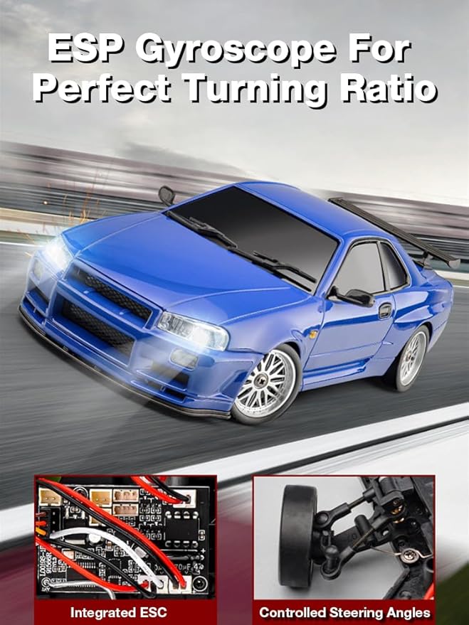LD1899 1/18 Scale RC Drift Car GTR R34 2.4GHz RWD Mini Model Car with Gyro Alloy Body Shell Racing Cars for Adults Toys (Blue)