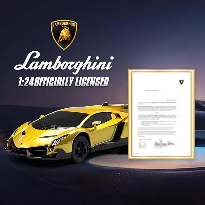QUN XING Remote Control Car 1:24 Officially Licensed Lambo veneno RC Drift Car with LED Lights 2.4GHz 4WD 15KM/H Fast Speed Control Rechargeable Battery 800mah Birthday for Kids Boys 8-12Yellow