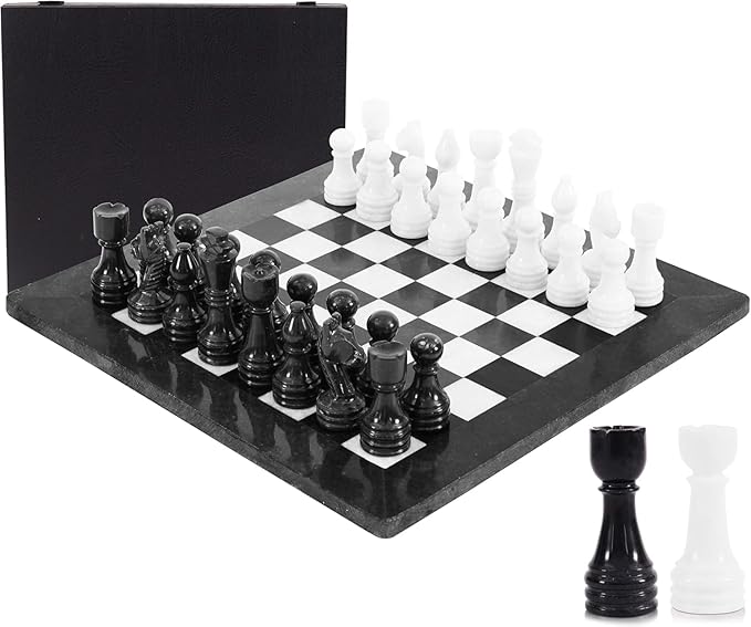 Marble Chess Set for Adults 15 Handmade Black &amp White Board Game with 32 Chess Pieces 2 Extra Queens &amp Storage Box Luxury Travel Game – Elegant Home Décor