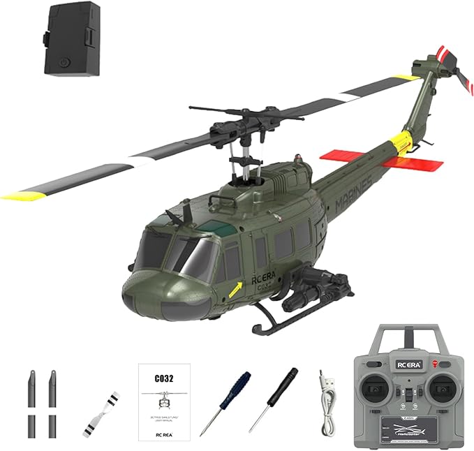RC ERA C032 UH-1 Huey Helicopter - Remote Control Helicopters for Adult 1/48 Sacle 2.4G 6CH Gyro Stabilized Aircraft with Altitude Hold &amp Optical Flow3D Stunt Drone (Green)
