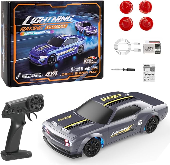 1:43 RC Drift Car 2.4GHz Remote Control Drift Racing Car High Speed 4 WD Electric Toy Car with LED Lights for Teen and Adults (Silver Gray)