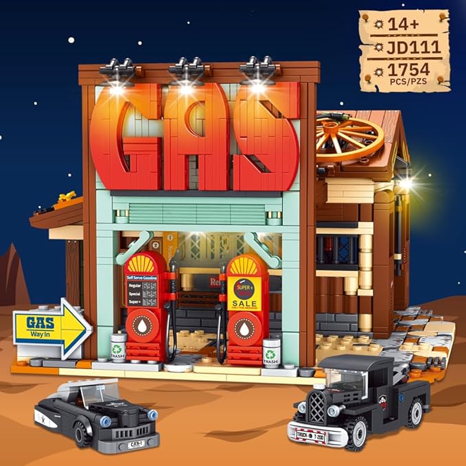 39118 Cowboy City Gas Station Building Blocks with LED Lights 1754 PCS Wild West Vintage Fuel Station Architecture Kit for Adults Western Street Scene Model