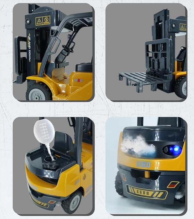 Remote Control Forklift with Flatbed Truck 11 Channel RC Forklifts with Spray Cool Lights &amp Sound 2 in 1 Lift Fork &amp Hook Crane Construction Toys for Boys Birthday Gift for Kids 3+