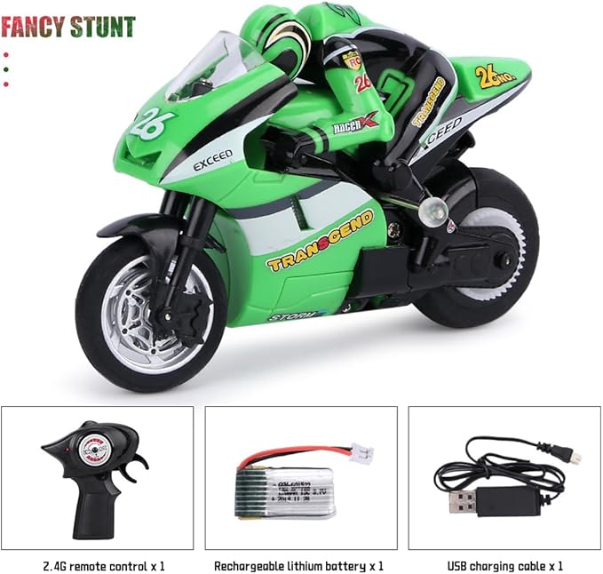 Mini RC Motorcycle for Adult 2.4G Full Proportional Remote Control Simulation Electric Drift Motorcycle High Speed RC Stunt Drift Bike Racing Vehicle Model Gift 8012 Green