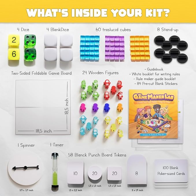 Blank Board Game Kit for Kids &amp Families – Make Your Own Game with 180+ Pieces: Double-Sided Blank Game Board Blank Cards Dice Wooden Tokens Spinner | DIY Board Game Kit for Learning &amp Pla