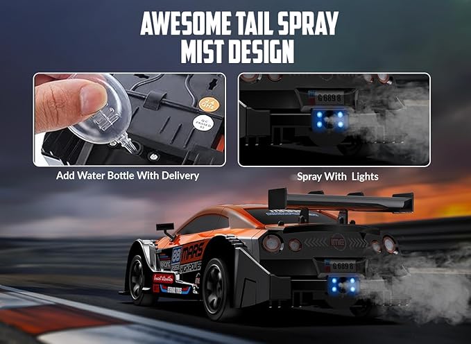 RACENT 1:16 RC Drift Car 2.4Ghz 4WD 18KM/H Remote Control Car with Spray Mist Racing and Drifting Wheels LED Light 2 Batteries Sport Model Toys Vehicle for Kids Boys Adults