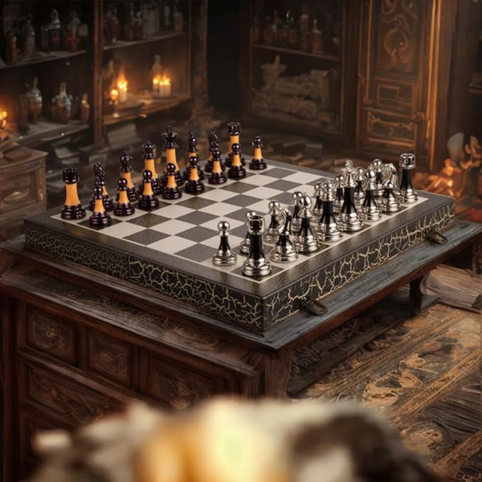 Chess Set 16 Wooden Foldable Black White Chess Board 3.5 Luxury Weighted Acrylic Chess Pieces with Storage Slots for Adults Children Gift Large