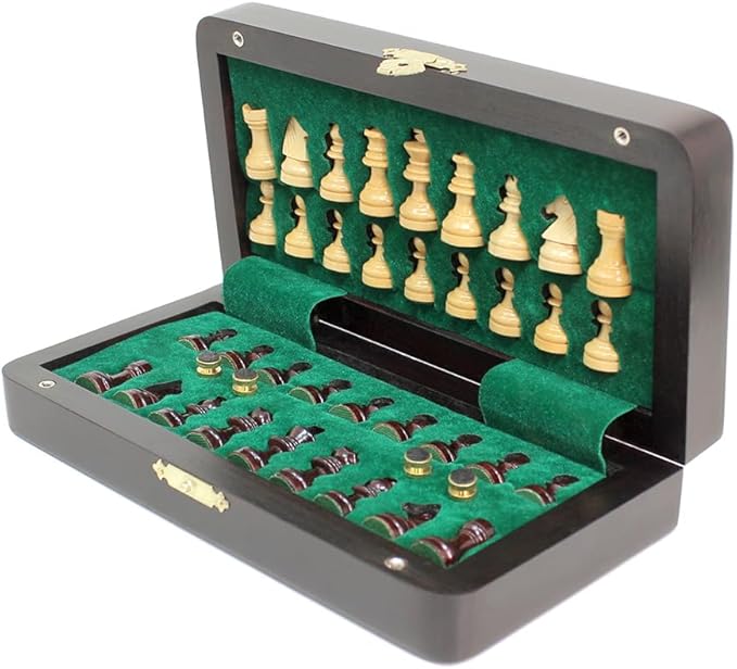 House of Chess - 8 Inch Wooden Magnetic Folding Travel Chess Set - Board with Algebraic Notation + 2 Extra Pawns &amp 2 Extra Queens- Handmade (Ringy Rosewood)