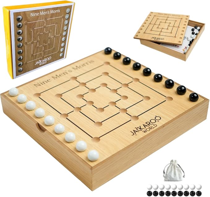 Nine Mens Morris Board Game Marble Strategy Game Solid Wooden Game Set with 18 Marbles 2 Player Board Games Ancient Games Nine Mens Morris Game Mill Classic Games for Adults (Oak)