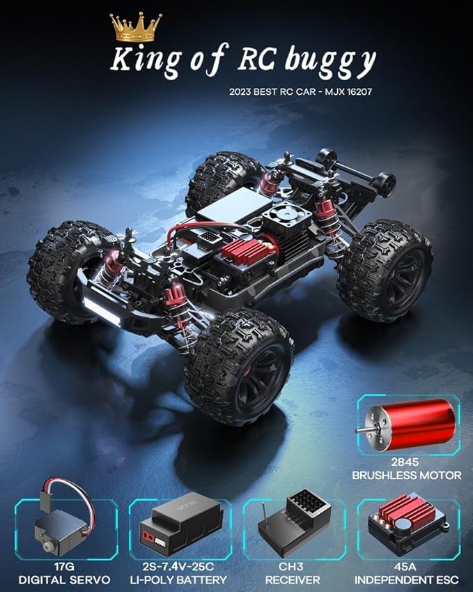 MJX 16208 1/16 RTR Brushless RC Cars Top Speed 42mph 4x4 Hobby Electric Off Road Jump Remote Control Truck Adult RC Monster All Terrain Remote Control Cars