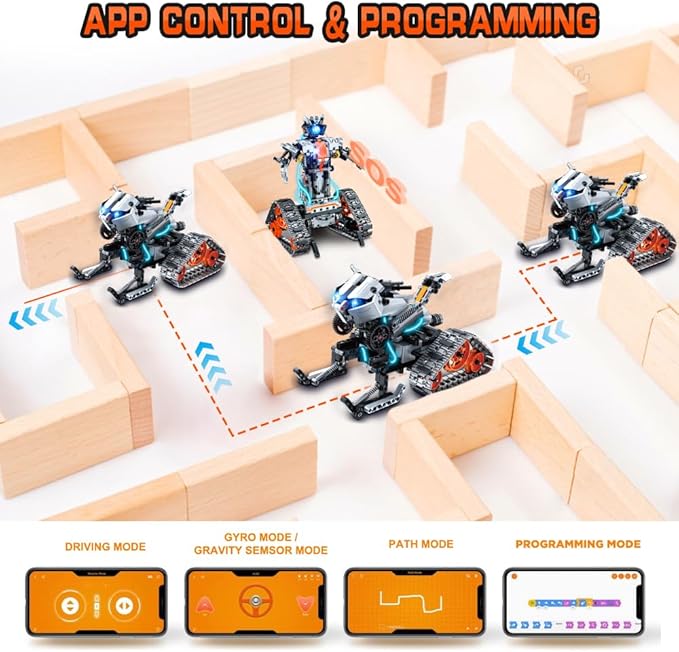 HOGOKIDS 5 in 1 STEM Building Set with LED Light - APP &amp Remote Controlled Cars Building Toys Kit RC Robot Tank Sleigh Tracked Racer 604 PCS Toy Gifts for Kids Boys Girls Ages 6 7 8 9 10 11 12+