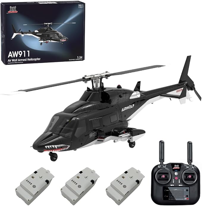 1/34 Scale AW-911 Air-Wolf RC Helicopter 2.4G 9CH Flybarless Airplanewith 6G/3D Stunt Mode and GPS Positioning (RTF Version/Mode 1/Mode 2)