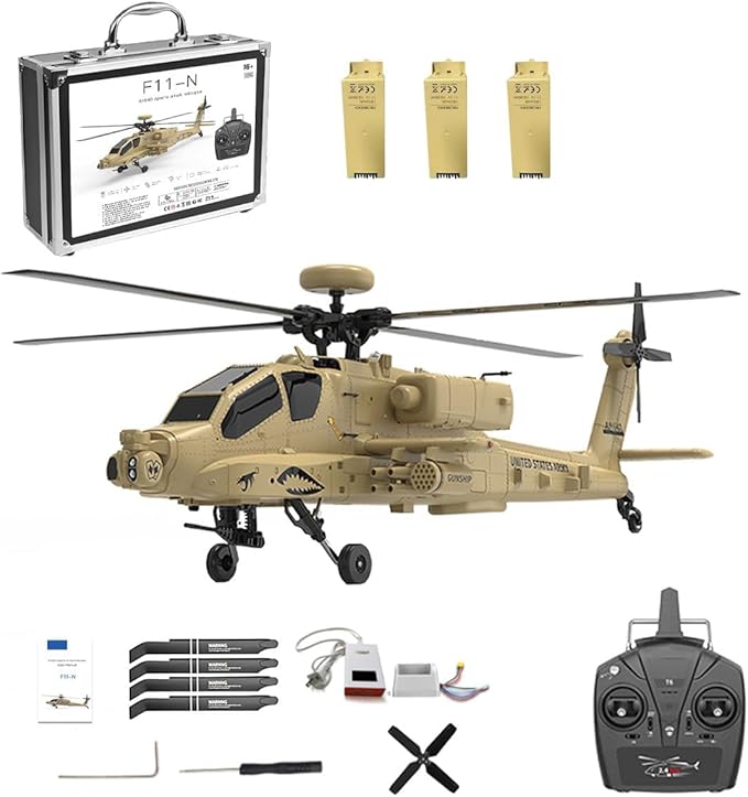 YU Xiang F11-N AH64 Apache RC Helicopter 1/32 Scale 2.4G 6CH Dual Rotor 6G/3D RC Helicopter with Optical Flow Altitude Hold and One Click Descent Aircraft for Beginner (RTF Version)
