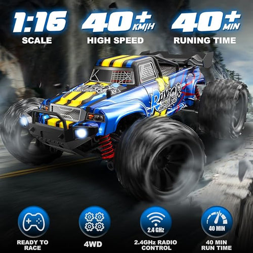1:16 Scale RC Cars for Adult Remote Control Car Fast 40KPH Hobby RC Cars for Boys Age 8+ 4x4 All Terrain Off-Road RC Truck for Kids with 2.4 GHz Remote Control 2 Rechargeable Batteries