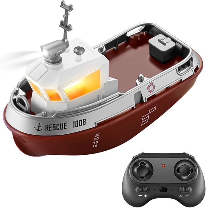 GoolRC RC Boat RC Tugboat Remote Control Boat for Pools and Lakes 2.4GHz Electric Tugboat Model with Lights Rechargeable Battery for Adults
