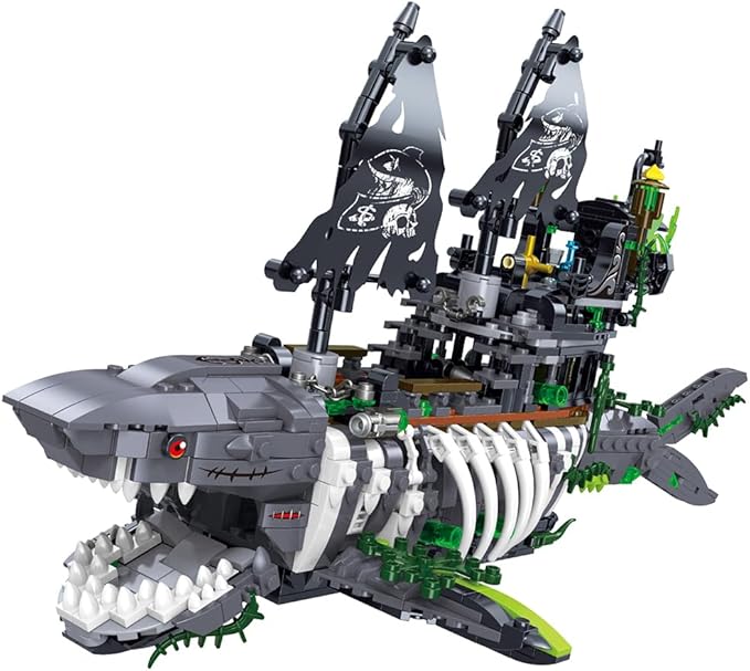 Pirate Ship Building Toys Creative Ghost Shark Pirate Ship Building Sets Jaws Model Ship Building Bricks Set for Kids(1155 PCS)