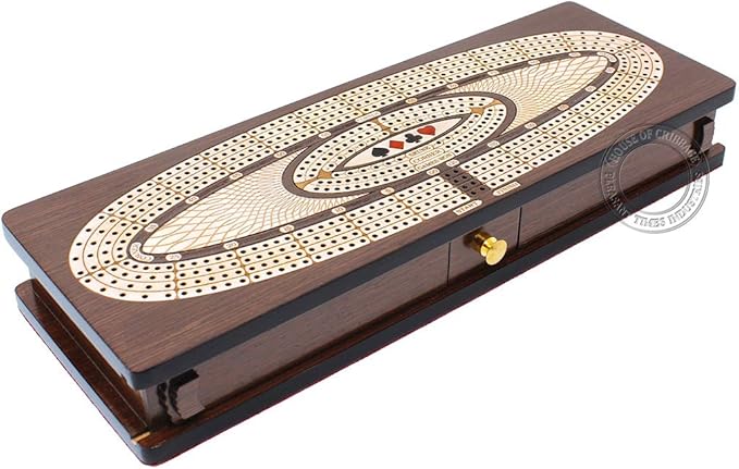 House of Cribbage - Continuous Cribbage Board/Box Inlaid in Wenge Wood/Maple : 4 Track - Sliding Lids Drawer &amp Metal Pegs with Score Marking Fields for Skunks Corners and Won Games