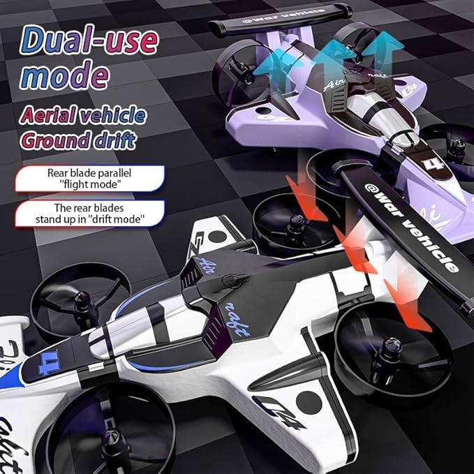 Racing car and drone combination remote-controlled flying car foam material. Features include one-key takeoff stable hovering racing mode and 360° aerial flips. An ideal and fun birthday gift.