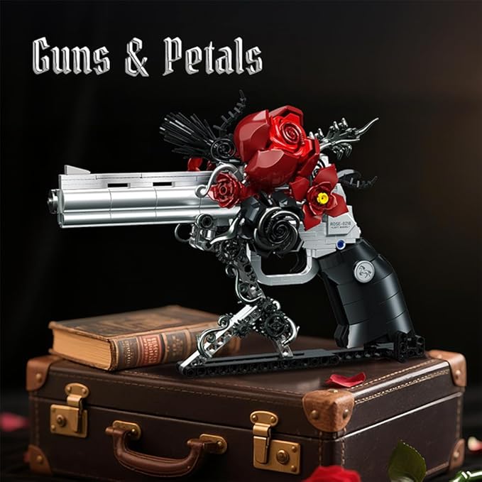 Guns &amp Petals Decorative Revolver Building Blocks with Red Roses Silver and Black Colored Art Sculpture Gothic Style Display Piece