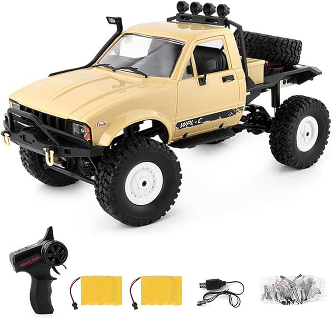 RC Truck 1/16 RC Rock Crawler WPL C14 4x4 RC Semi Truck 2.4GHz Remote Control Car All Terrain Off Road RC Climbing Car with LED Lights and 2 Batteries for Adults (Yellow)