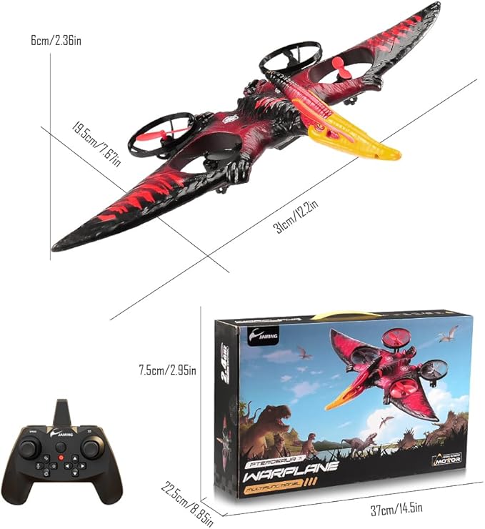Dinosaur Remote Control Drone 2.4G EPP Foam RC Pterodactyl Hobby RC Airplanes with 6-Axis Gyro One Key Takeoff Landing Stunt Roll &amp 360 Flip Fighter Jet Toy Christmas Birthday Gift for Boys Gi