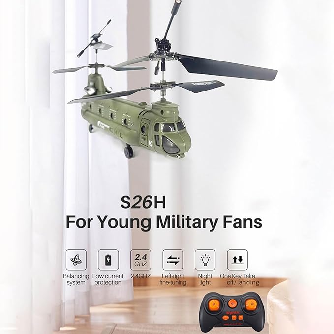 Remote Control Helicopter S026H Military Transport RC Helicopters with Altitude Hold One Key Take Off/Landing LED Light Low Battery Reminder Gyro RC Army Helicopter for Beginners