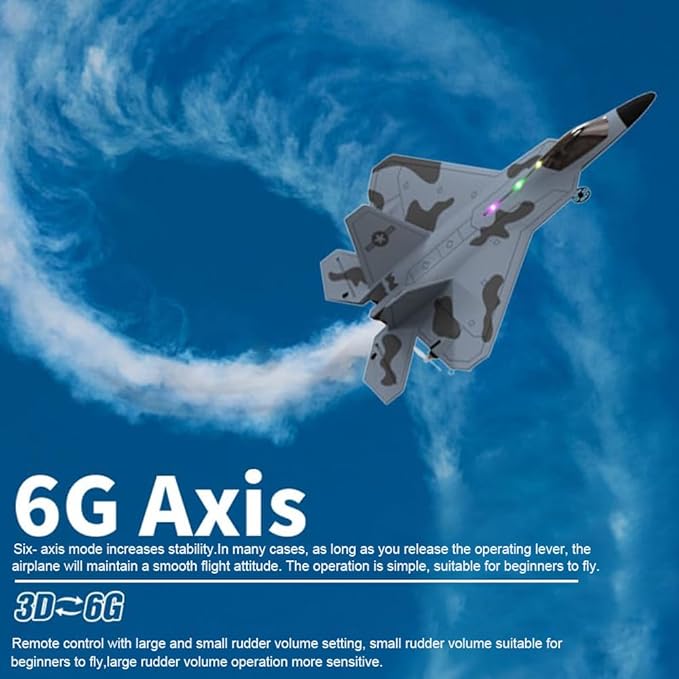 RC Plane F22 Raptor Model 4CH 3D/6G RC Airplane for Adults and Beginners 2.4Ghz RC Jet with LED Light Ready to Fly Outdoor Remote Control Airplane with 2 Batteries