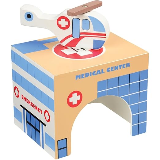 Constructive Playthings Community Wooden Toys and Helicopter Set for Ages 3+ 5-Piece Toddler Imaginative Play Set with Firehouse School Hospital Police Station