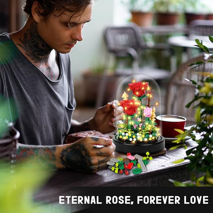 HOGOKIDS Flower Bouquet Building Set with LED Lighting - 596 PCS Red Rose Kits with Cover Botanical Building Blocks | Birthday Mini Bricks Easter Gifts for Kids Girls Teens Adults Home Decor Display