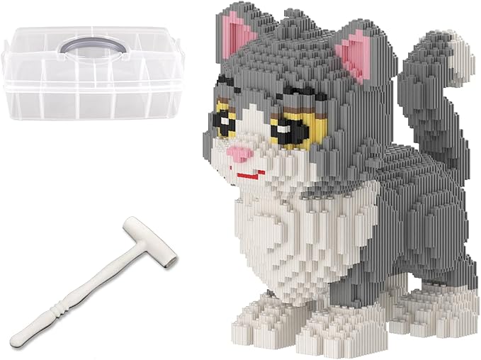 Cat Building Blocks with Organizer Bins | Grey | Micro 3D Animal Building Blocks | 3000PCS | Gift for Adults and Kids | Home &amp Office Decor | RQ8888