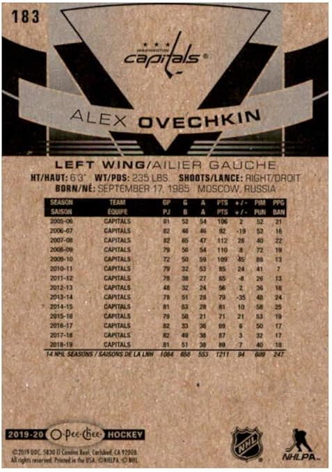 2019-20 O-Pee-Chee #183 Alexander Alex Ovechkin Washington Capitals NHL Hockey Trading Card
