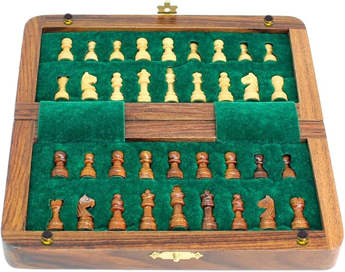 House of Chess - 6.5 Inch Wooden Magnetic Folding Travel Chess Set | Board - Algebraic Notation - Two Extra Queens - Handmade - Premium Quality (Golden Rosewood/Maple Wood)