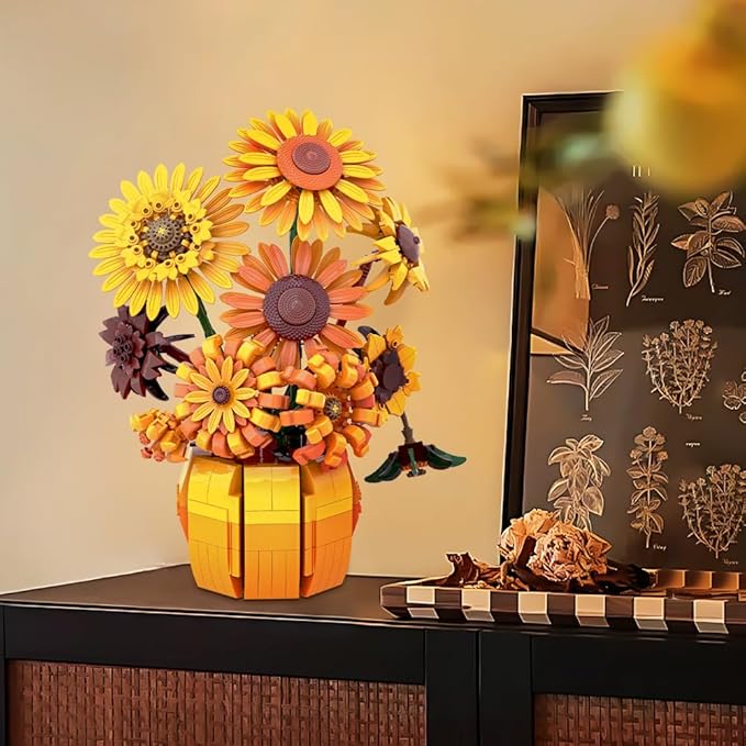 Van Gogh Sunflower Building Blocks Set for Adults Sunflowers Botanicals Compatible with Lego Flowers Art Bonsai Botanical Collection Office Gifts for Her Him Girls 14+ 1009PCS 11002