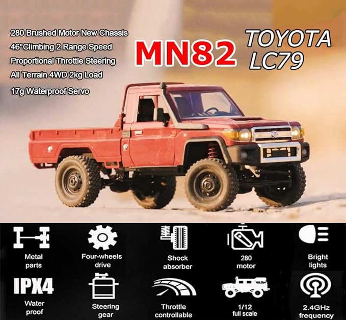 RC Rock Crawler RC Truck 4x4 Toyota LC79 RC Crawler 1/12 Off Road Pickup Remote Control 2.4Ghz All Terrain 280 Brushed Motor Proportional Throttle Steering RTR Hobby Toy Adult MN-82